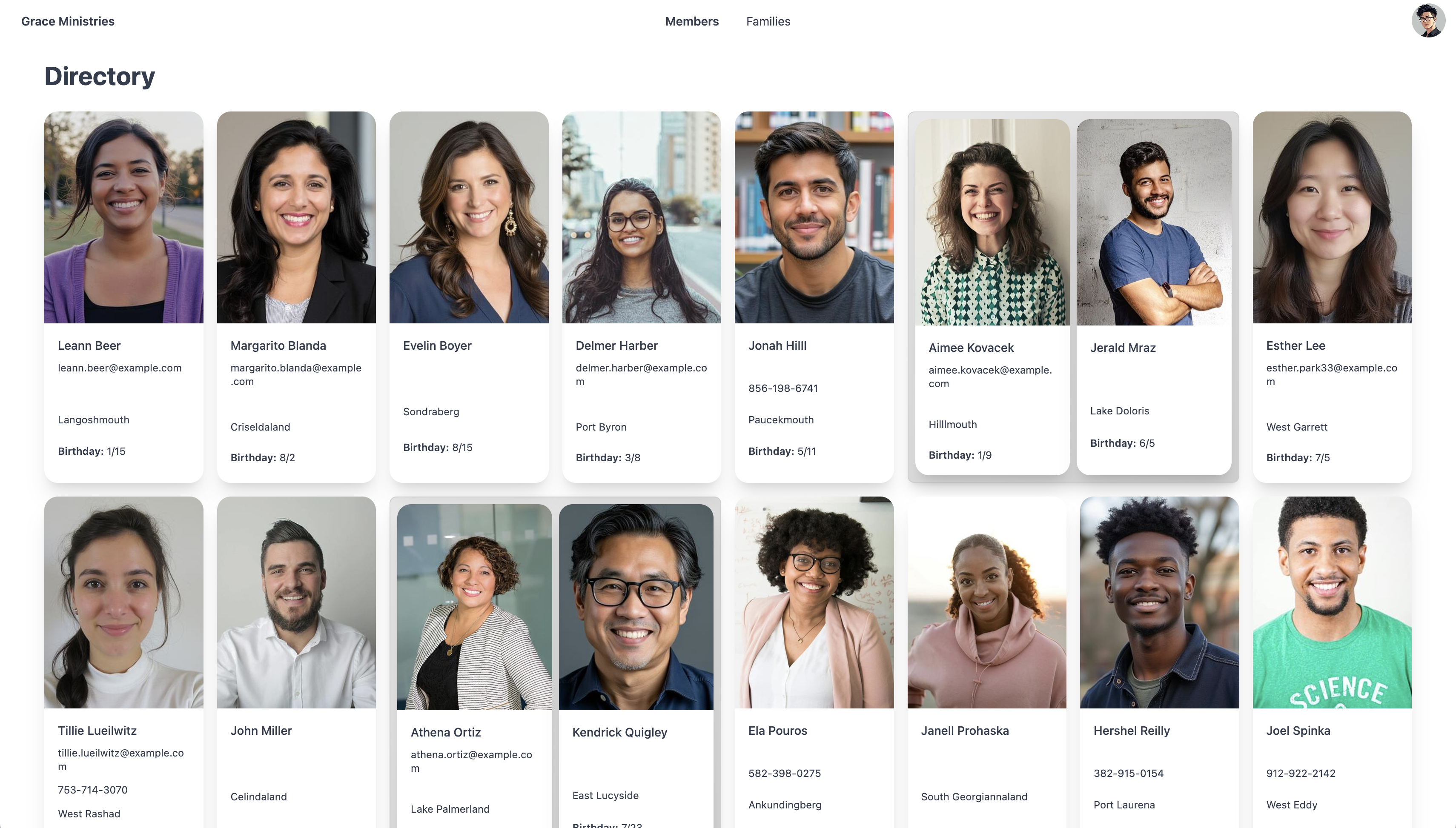 Member directory with names and contact info